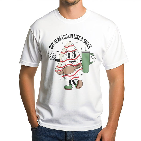 Out Here Lookin Like A Snack Shirt, Christmas Tree Cake T-Shirt, Humorous Holiday Snack Graphic Tee, Retro Christmas Tree Cak