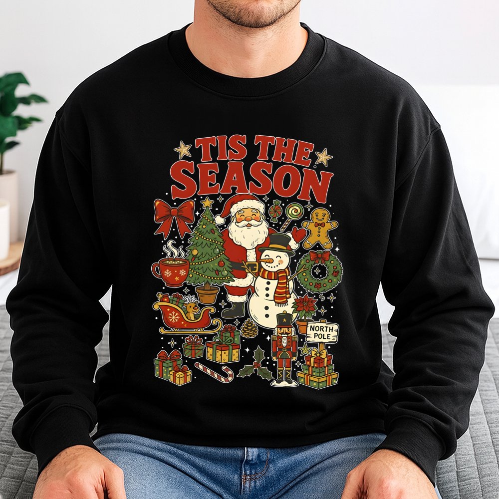 Vintage Santa and Snowman Sweatshirt, Tis the Season Christmas Sweatshirt, Retro Holiday Season Sweater, Nostalgic Xmas Crewn