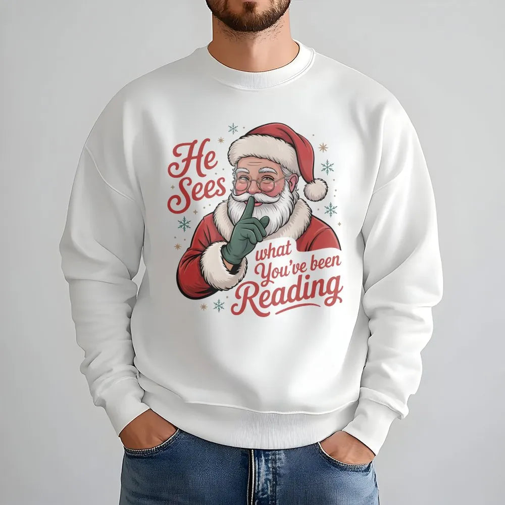 Humorous Bookish Santa Crewneck, He Sees What You've Been Reading Sweatshirt, Smut Reader Christmas Sweater, Booktok Romantas