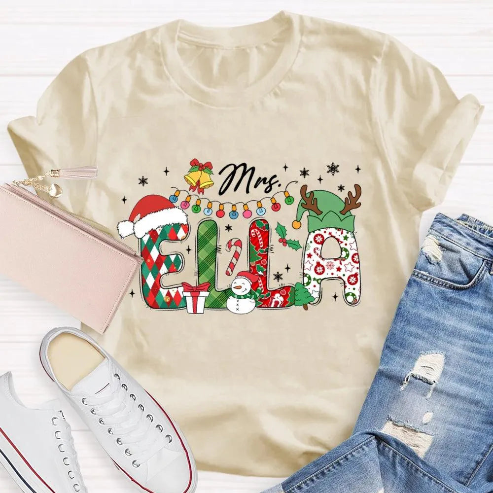 Custom Name Holiday Lights Tee, Personalized Christmas Snowman T-Shirt, Adorable Winter Xmas Shirt, Matching Family Christmas