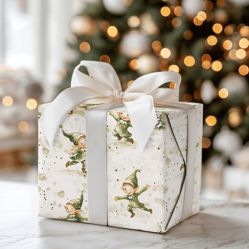 Watercolor Christmas Elves Gift Wrap, Dancing Elves Wrapping Paper, Festive Pine Tree Holiday Paper Roll, Adorable Elf Xmas W
