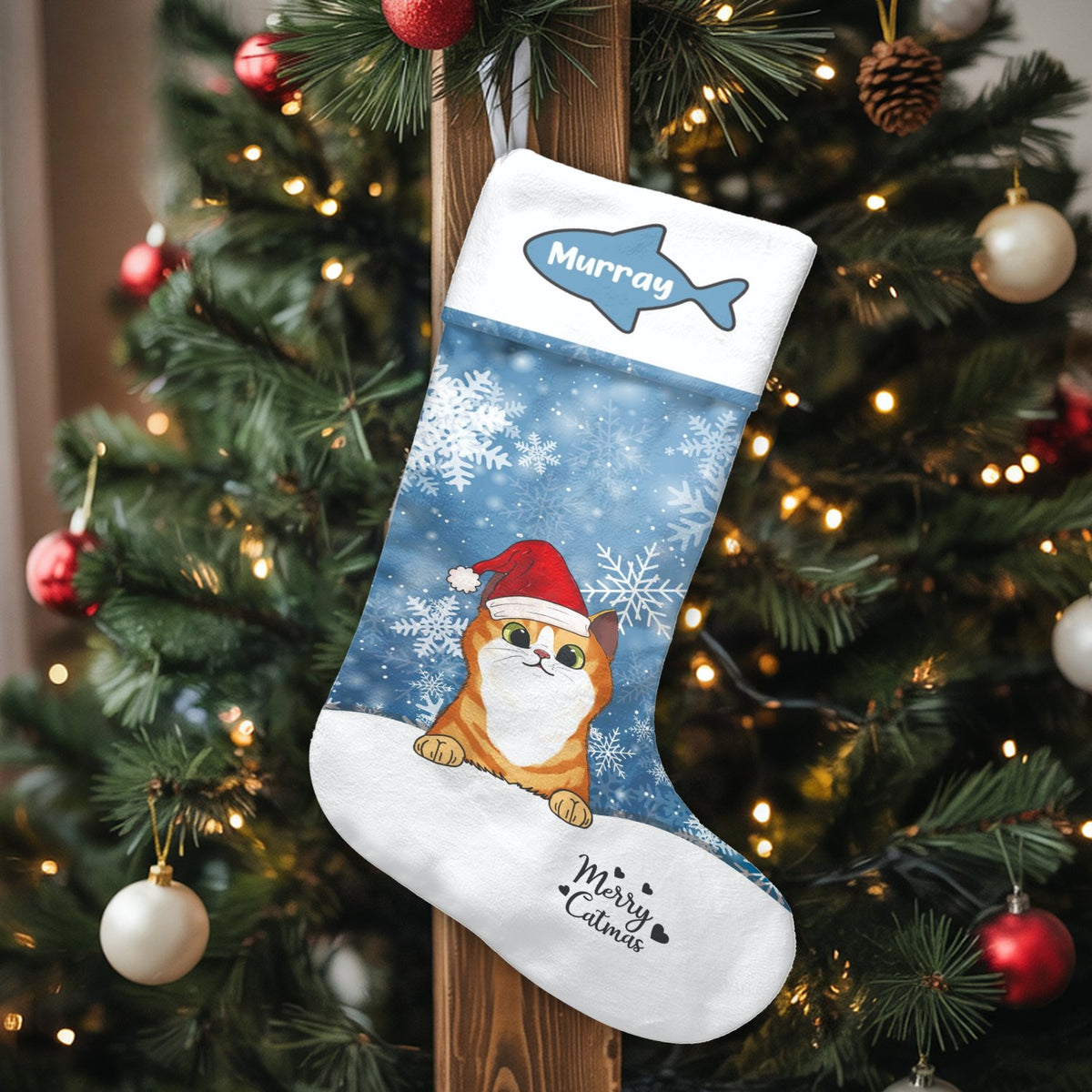 Kitten Christmas Stocking, Santa Hat Cat Christmas Stocking, Pet Holiday Stocking, Adorable Winter Animal Mantel Decor, Prese