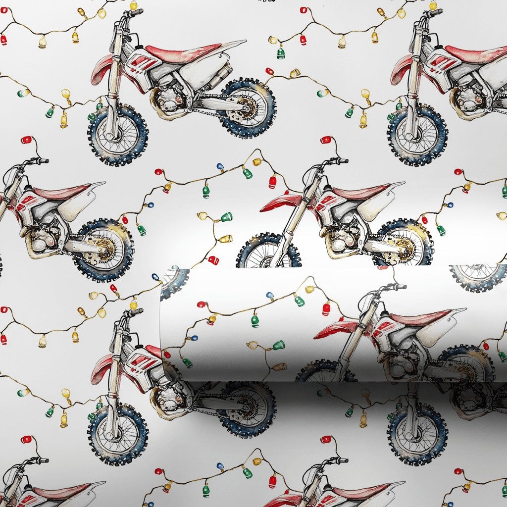 Dirt Bike Holiday Gift Wrap Roll, Motocross Christmas Wrapping Paper, Christmas Lights Dirt Biker Present Paper, Racing Theme