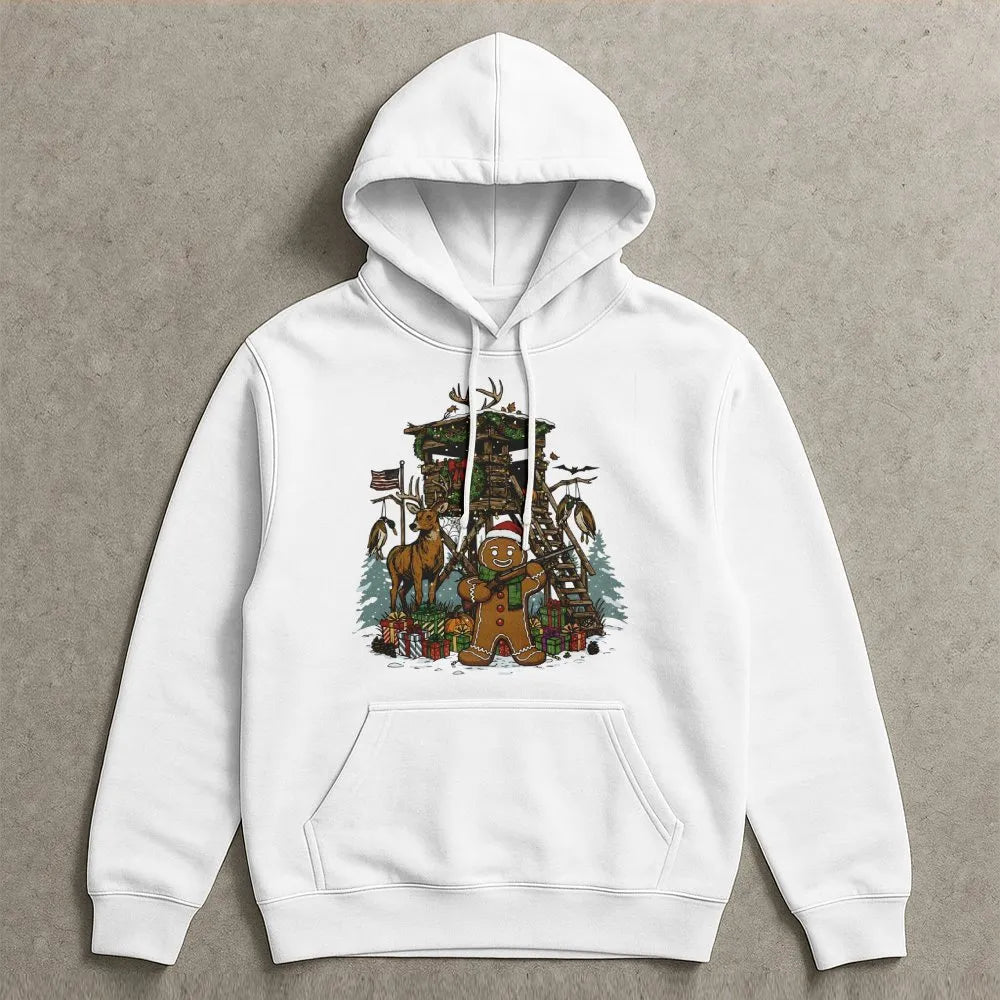 Christmas Deer Hunter Hoodie, Humorous Gingerbread Man Hunting Hoodie, Holiday Hunting Scene Hoodie, Adorable Xmas Outdoor Sw
