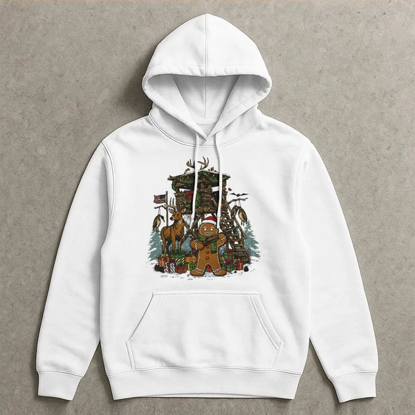 Christmas Deer Hunter Hoodie, Humorous Gingerbread Man Hunting Hoodie, Holiday Hunting Scene Hoodie, Adorable Xmas Outdoor Sw