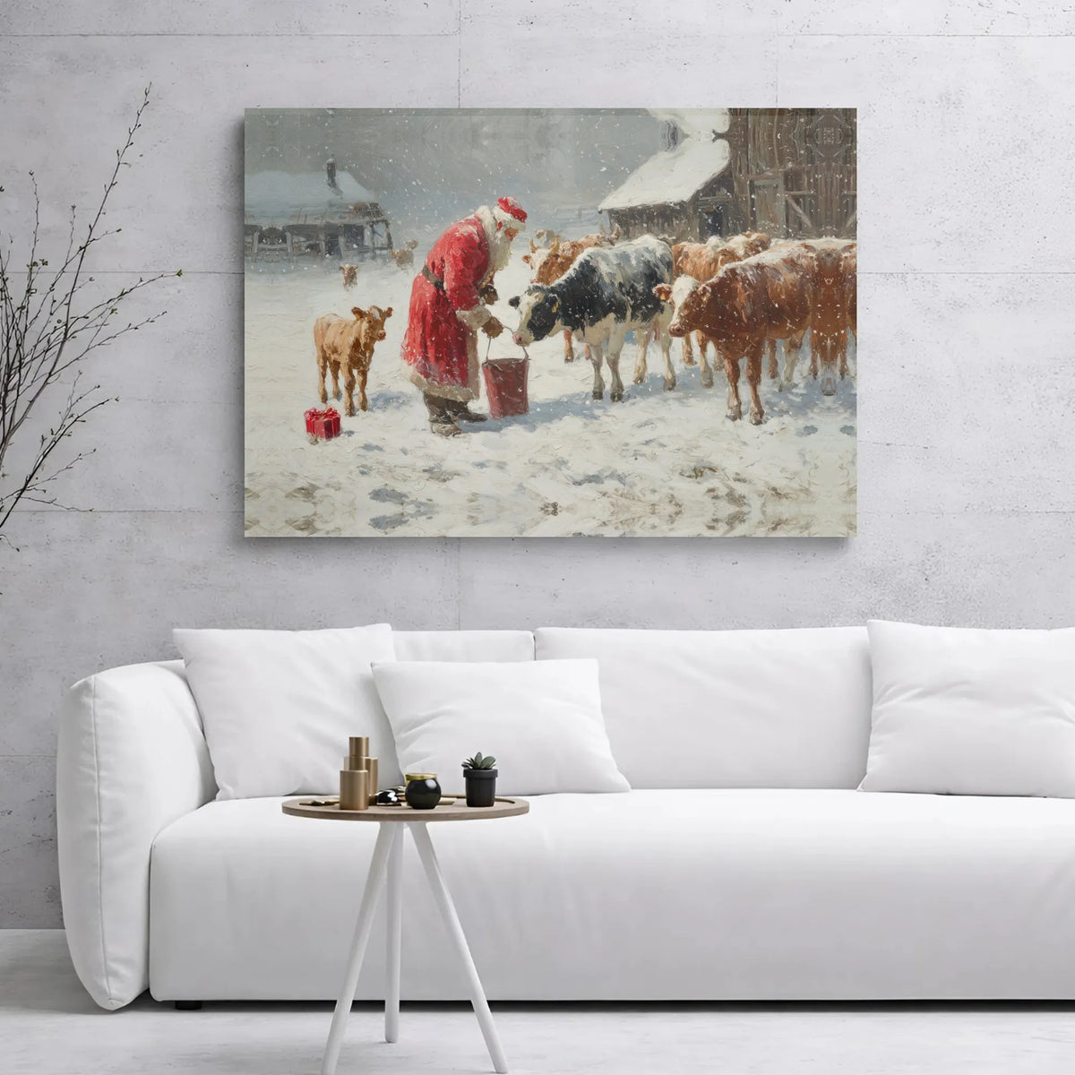 Snowy Farm Christmas Canvas Wall Art, Santa Feeding Cows Canvas Print, Rustic Farmhouse Winter Canvas Decor, Holiday Cattle C