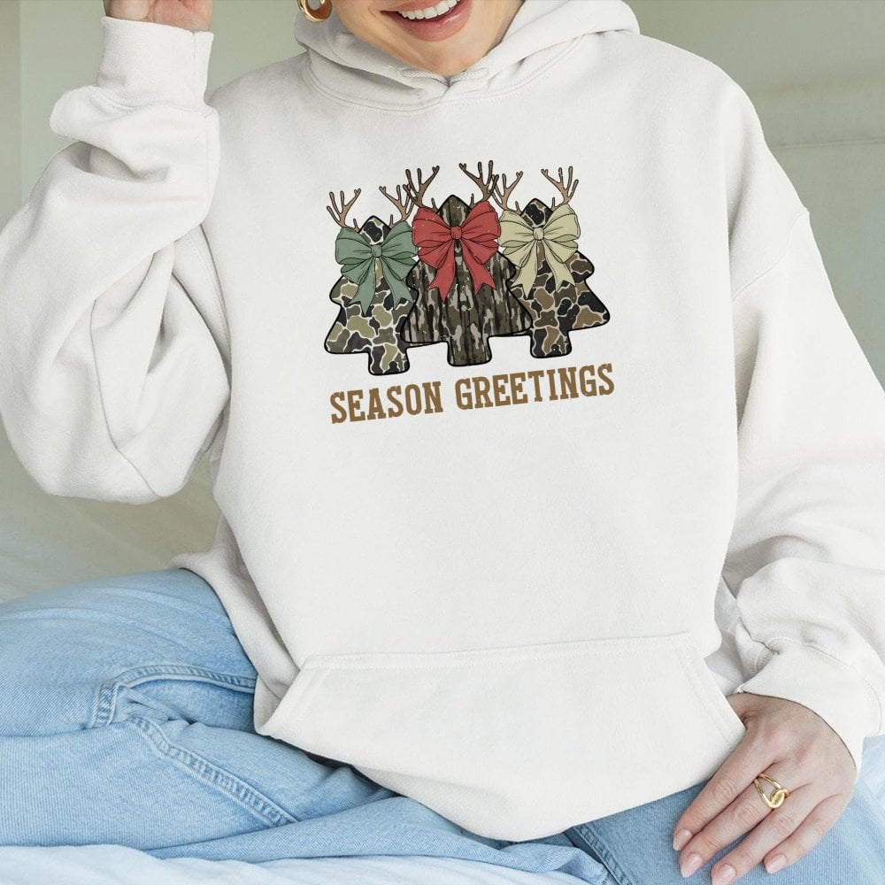 Coquette Bow Winter Holiday Sweatshirt, Camo Christmas Tree Hoodie, Camouflage Hunting Xmas Pullover, Outdoorsy Girl Christma