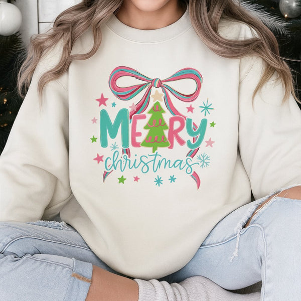 Neon Christmas Tree Sweater, Merry Christmas Sweatshirt, Bright Holiday Bow Crewneck, Festive Xmas Pullover, Retro Christmas 