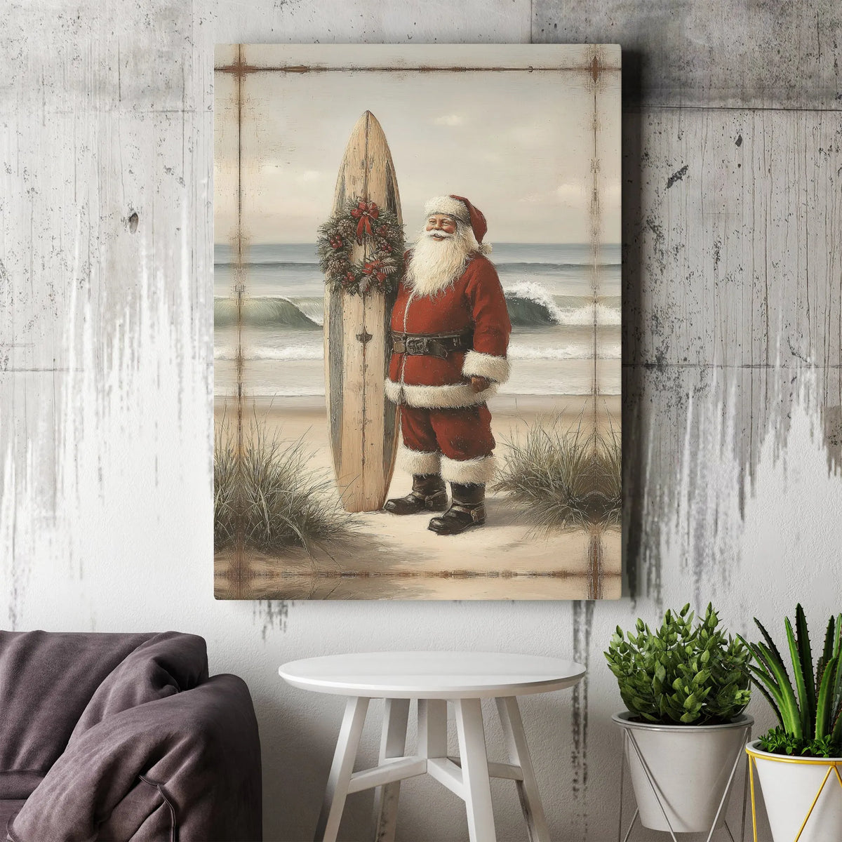 Vintage Surfing Santa Print, Coastal Santa Claus Canvas Wall Art, Tropical Christmas Canvas, Beach Holiday Decor, Surfer Sant
