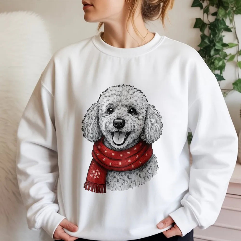 Festive Scarf Poodle Holiday Sweater, Poodle Christmas Sweatshirt, Adorable Winter Poodle Crewneck, Comfy Dog Lover Animal Gr