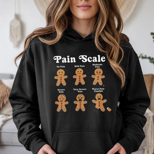 Humorous Nurse Christmas Sweatshirt, Gingerbread Pain Scale Hoodie, Adorable Nursing Humor Hooded Pullover, RN Medical Staff 