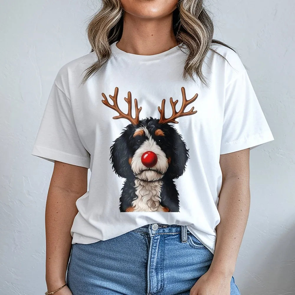 Reindeer Antlers Puppy Dog Graphic Tee, Bernedoodle Christmas T-Shirt, Doodle Pet Holiday Shirt, Adorable Dog Mom Winter Seas