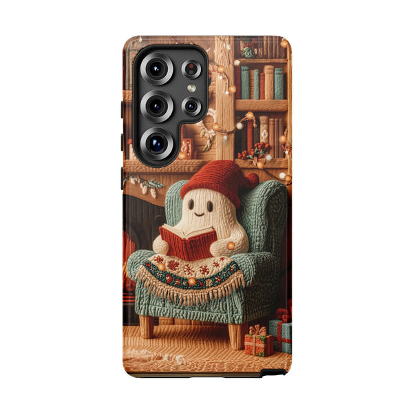 Comfy Christmas Book Lover Samsung Galaxy Tough Phone Case, Adorable Reading Ghost Phone Case, Holiday Yarn Art Ghost Cover, 