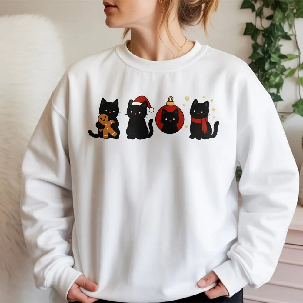 Adorable Cat Holiday Sweatshirt, Gingerbread Black Cat Christmas Sweatshirt, Kitten Xmas Crewneck, Winter Cat Sweater, Presen