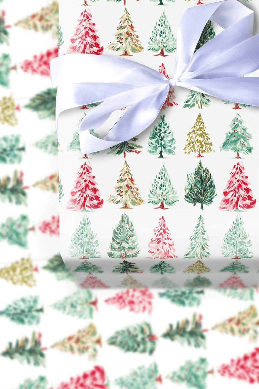Pine Holiday Gift Wrap Paper, Watercolor Christmas Tree Wrapping Paper, Red Green Gold Gift Wrap Roll, Festive Present Wrappi