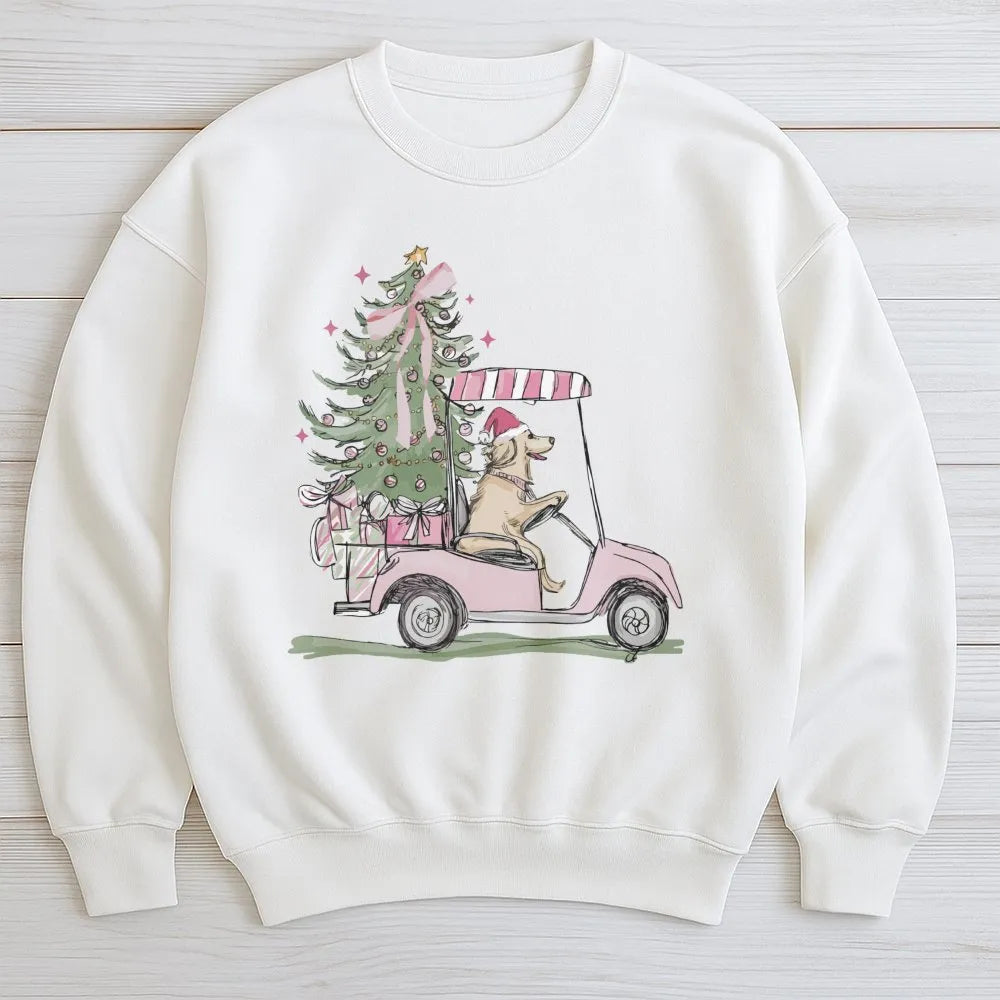 Holiday Dog Lover Sweatshirt, Golden Retriever Golf Cart Christmas Sweatshirt, Adorable Xmas Puppy Sweatshirt, Golfer Crewnec
