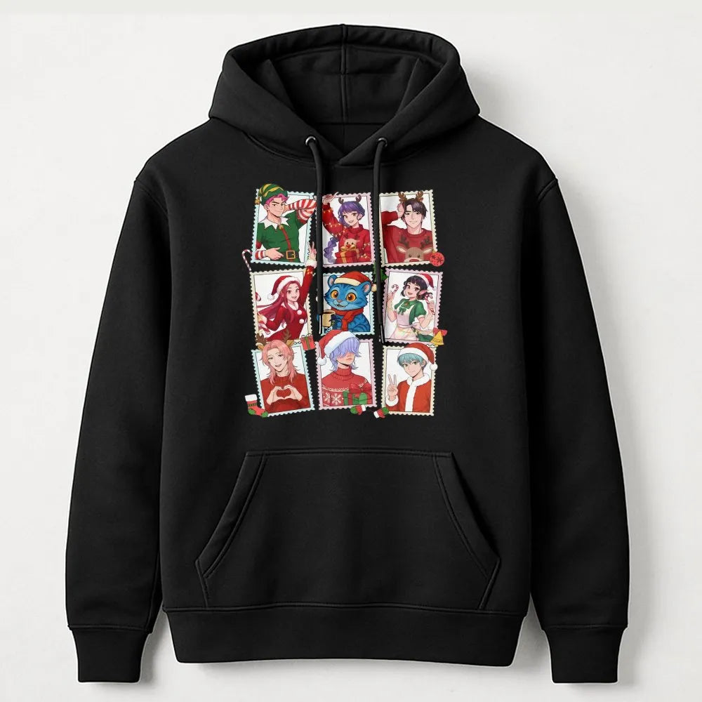 Manga Boys Postage Stamp Hoodie, Anime Christmas Hoodie, Holiday Anime Pullover Hoodie, Festive Manga Graphic Sweatshirt, Ota
