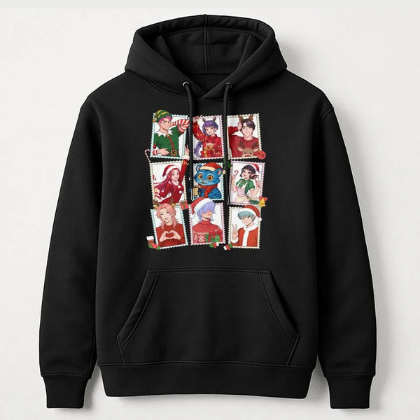 Manga Boys Postage Stamp Hoodie, Anime Christmas Hoodie, Holiday Anime Pullover Hoodie, Festive Manga Graphic Sweatshirt, Ota