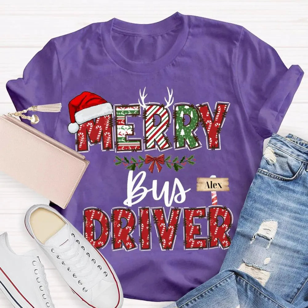 Custom Santa Hat Holiday Graphic Tee, Personalized Bus Driver Christmas T-Shirt, Merry Christmas Driver Shirt, Adorable Xmas 