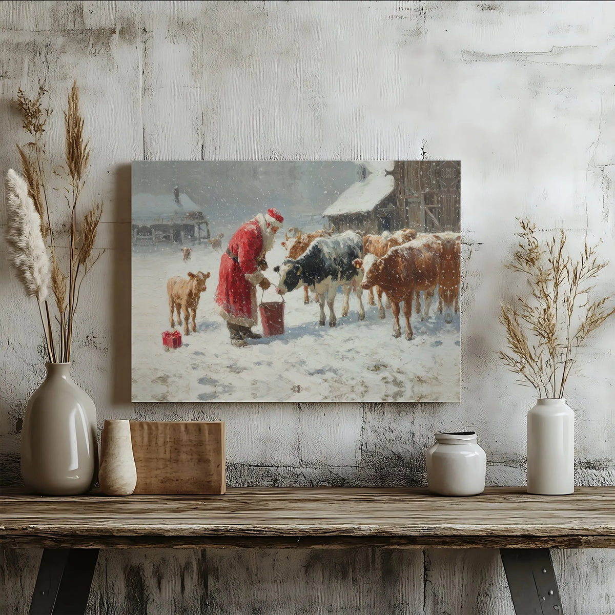 Snowy Farm Christmas Canvas Wall Art, Santa Feeding Cows Canvas Print, Rustic Farmhouse Winter Canvas Decor, Holiday Cattle C
