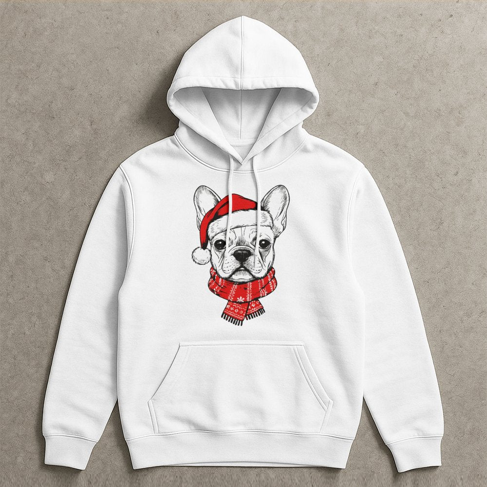 Adorable Santa Hat Frenchie Hoodie, French Bulldog Christmas Hoodie, Humorous Holiday Dog Sweatshirt, Winter Xmas Hooded Pull