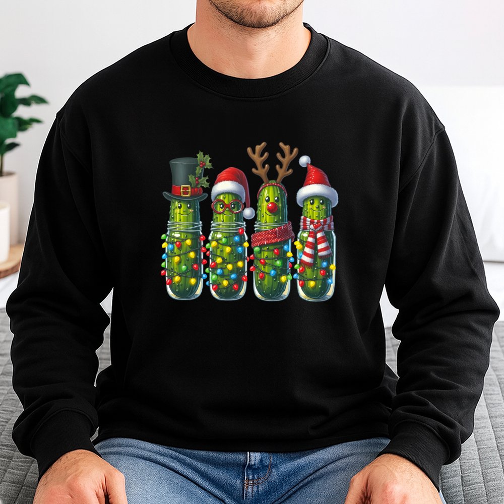 Holiday Pickle Jar Fairy Lights Sweater, Christmas Pickle Sweatshirt, Humorous Pickle Christmas Crewneck, Festive Food Lover 