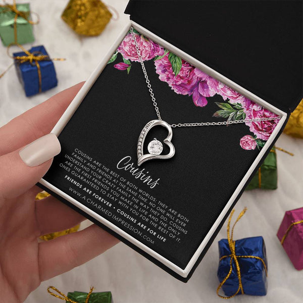 Heart Pendant with CZ Crystal, Cousin Forever Love Necklace, Meaningful Birthday Jewelry Necklace, Keepsake Christmas Heart N