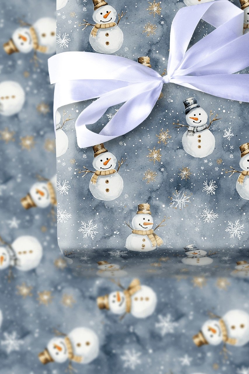 Gold Snowflake Gift Wrap, Watercolor Snowman Wrapping Paper, Dusky Blue Christmas Wrapping Paper, Winter Holiday Gift Wrap, X
