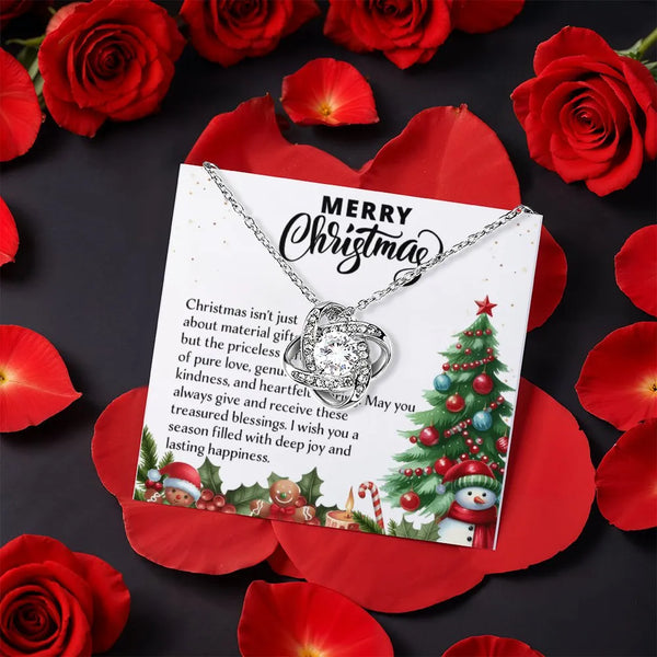 Holiday Knot Pendant, Merry Christmas Love Knot Necklace, CZ Crystal Love Knot Jewelry, Rotating Rose Box Necklace, Xmas Pres
