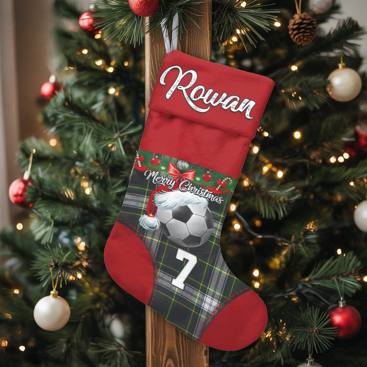 Custom Name and Jersey Number Holiday Stocking, Personalized Soccer Christmas Stocking, Plaid Xmas Stocking, Holiday Decor Pr