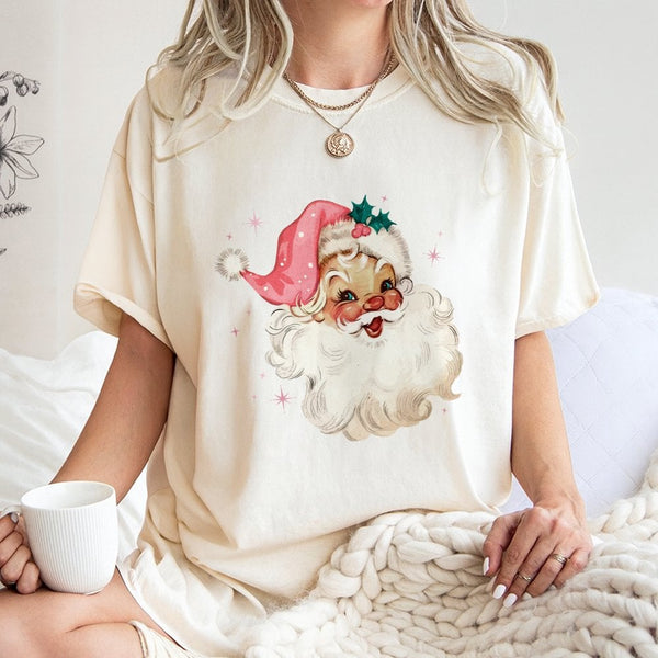Vintage Christmas Aesthetic Shirt, Retro Pink Santa T-Shirt, Adorable Holiday Santa Graphic Tee, Girly Xmas T-Shirt, Pastel W