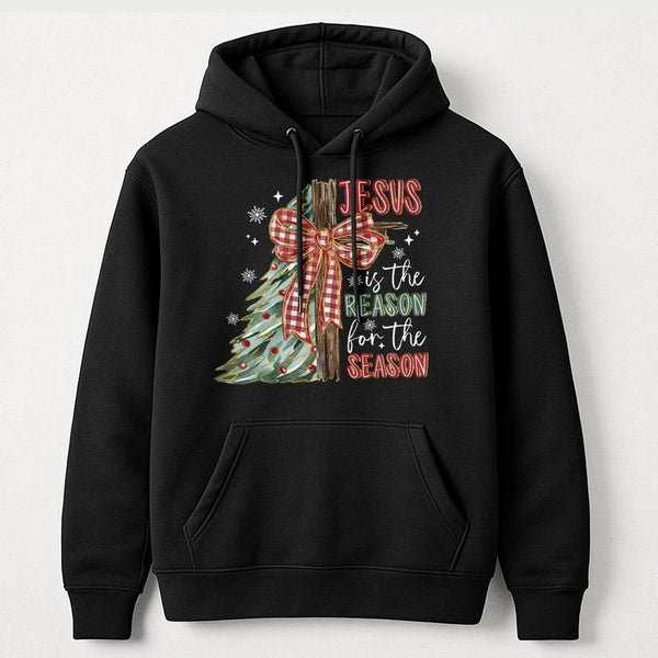 Christian Christmas Hooded Sweatshirt, Jesus Is the Reason for the Season Hoodie, Plaid Bow Cross Pullover Hoodie, Religious 