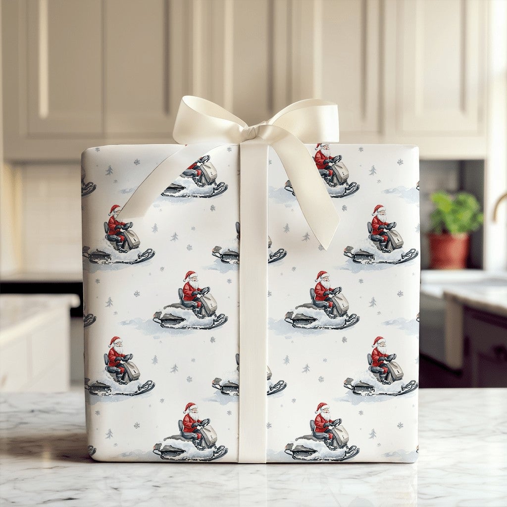 Snowflake Watercolor Gift Wrap, Snowmobile Santa Claus Wrapping Paper, Winter Sports Christmas Wrapping Paper, Holiday Presen