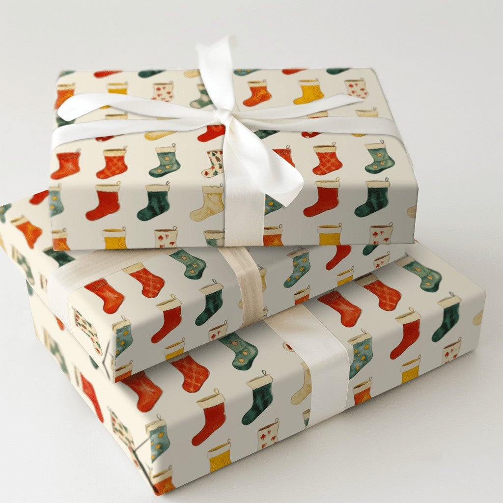 Vintage Holiday Gift Wrap, Christmas Stocking Wrapping Paper, Colorful Festive Christmas Wrapping Paper Roll, Traditional Xma