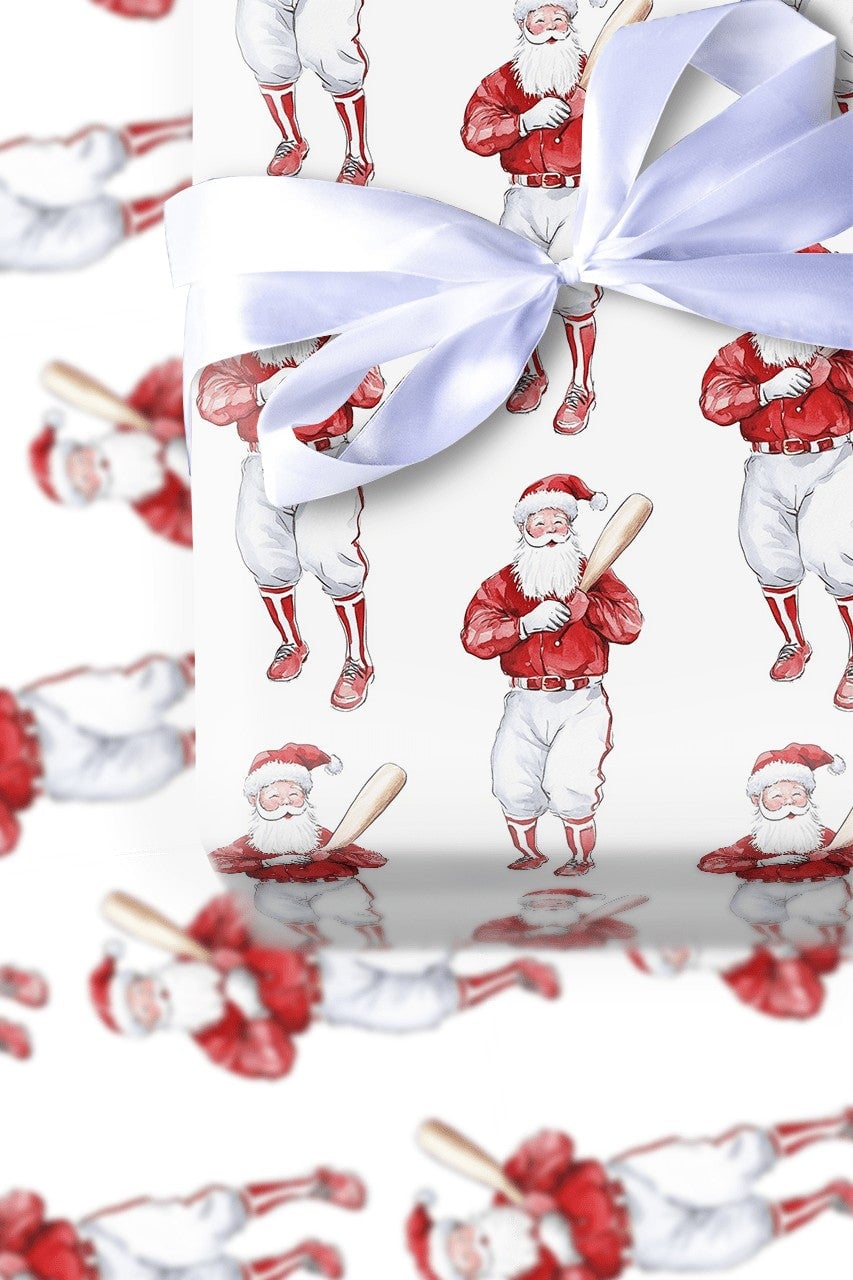 Retro Sport Christmas Gift Wrap, Vintage Baseball Santa Wrapping Paper, Red Uniform Baseball Wrapping Paper, Sports Fan Gift 