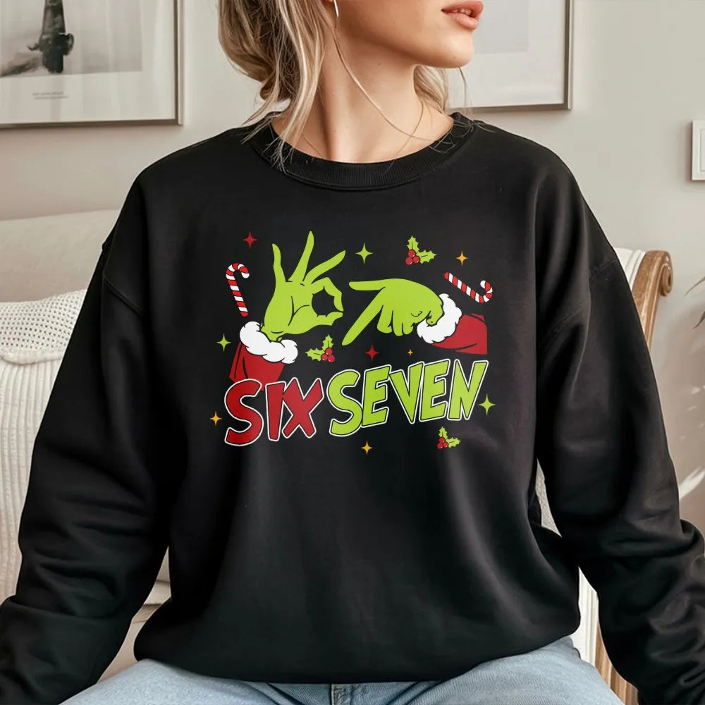 Humorous Green Hand Sign Sweatshirt, Six Seven Christmas Sweatshirt, Meme Holiday Crewneck, Gen Z Xmas Graphic Sweatshirt, Vi