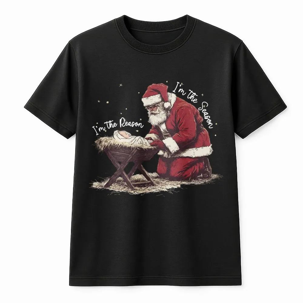 Reason for the Season Christmas Shirt, Santa Kneeling Before Baby Jesus T-Shirt, Christian Holiday Faith Tee, Believer Xmas P