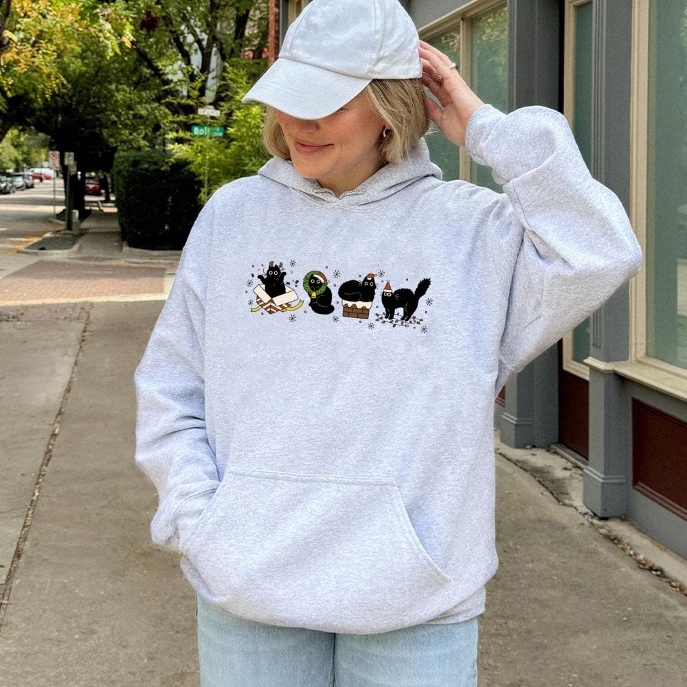 Festive Holiday Kitten Hooded Sweatshirt, Christmas Black Cat Hoodie, Adorable Winter Black Cat Sweater, Comfy Christmas Cat 