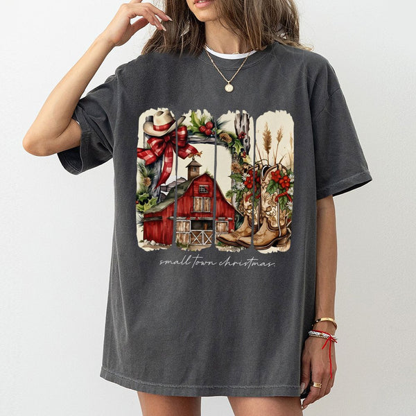 Rustic Western Barn Cowgirl Holiday Shirt, Small Town Christmas T-Shirt, Vintage Country Xmas Graphic Tee, Southern Winter T-