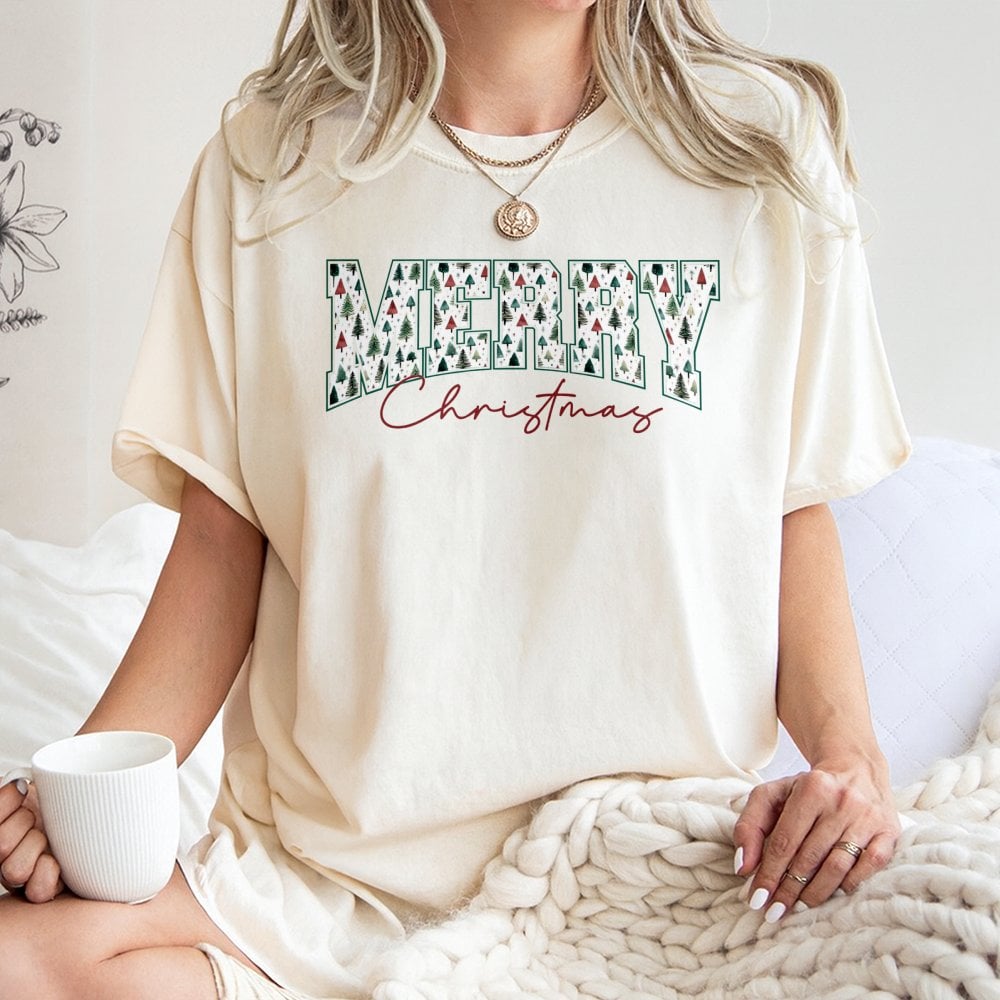 Vintage Pine Forest Holiday Shirt, Retro Varsity Christmas Tree T-Shirt, Merry Christmas Graphic Tee, Festive Winter Nature S