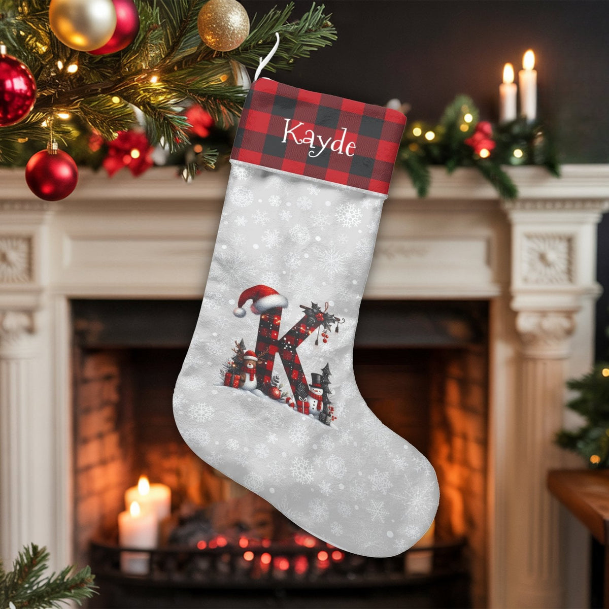 Buffalo Plaid Letter Stocking, Personalized Monogram Christmas Stocking, Custom Initial Holiday Stocking, Rustic Family Xmas 