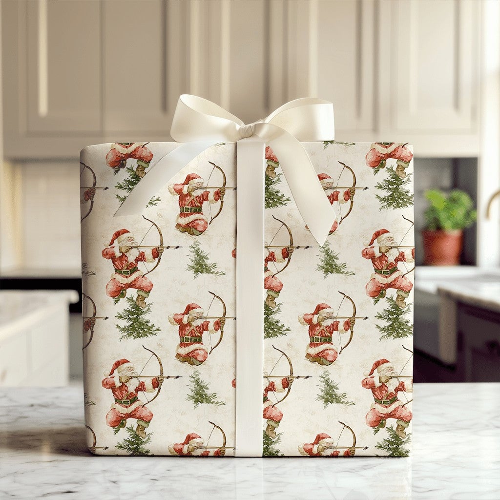 Watercolor Bow and Arrow Santa Gift Wrap, Santa Archer Wrapping Paper, Hunter Santa Christmas Wrapping Paper, Archery Holiday