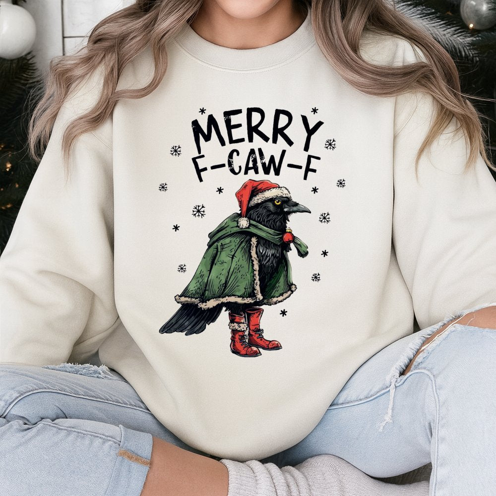 Humorous Raven Holiday Sweater, Merry F-Caw-F Christmas Sweatshirt, Goth Bird Lover Crewneck, Sarcastic Crow Pullover, Dark H