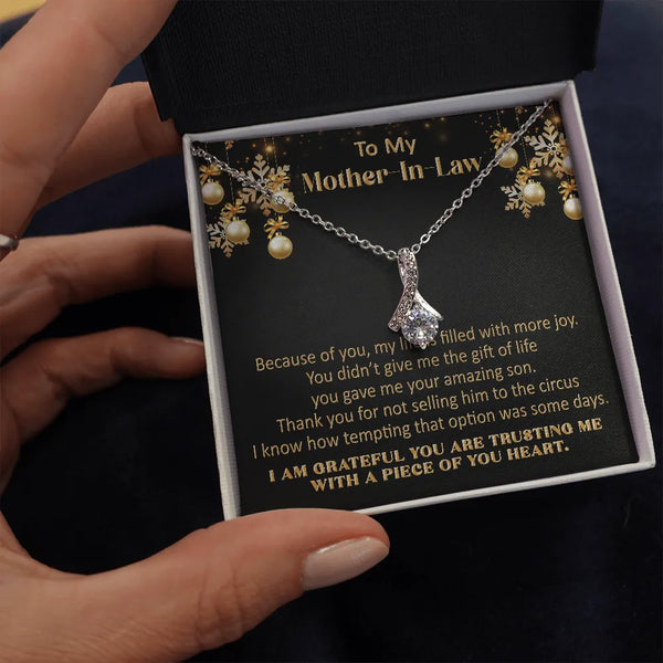 Ribbon Pendant Necklace, Mother-in-Law Necklace, Mom-in-Law Jewelry Present, Cubic Zirconia Cable Chain Necklace, Christmas P