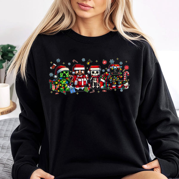 Retro Block Character Sweatshirt, Pixel Gamer Christmas Sweatshirt, Humorous Video Game Holiday Sweatshirt, Festive Gaming Sw
