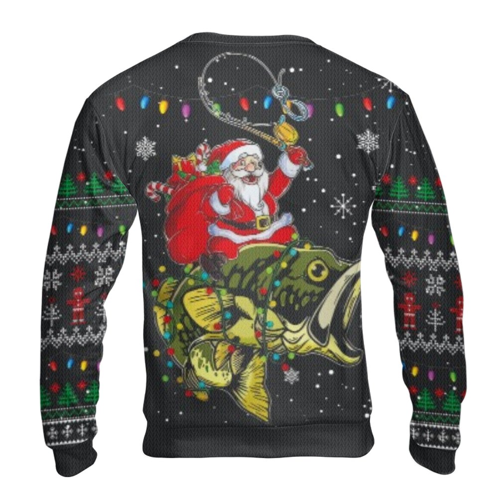 Bass Fisherman Holiday Sweater, Santa Claus Fishing Ugly Christmas Sweater, Humorous Angler Fish Ugly Sweater