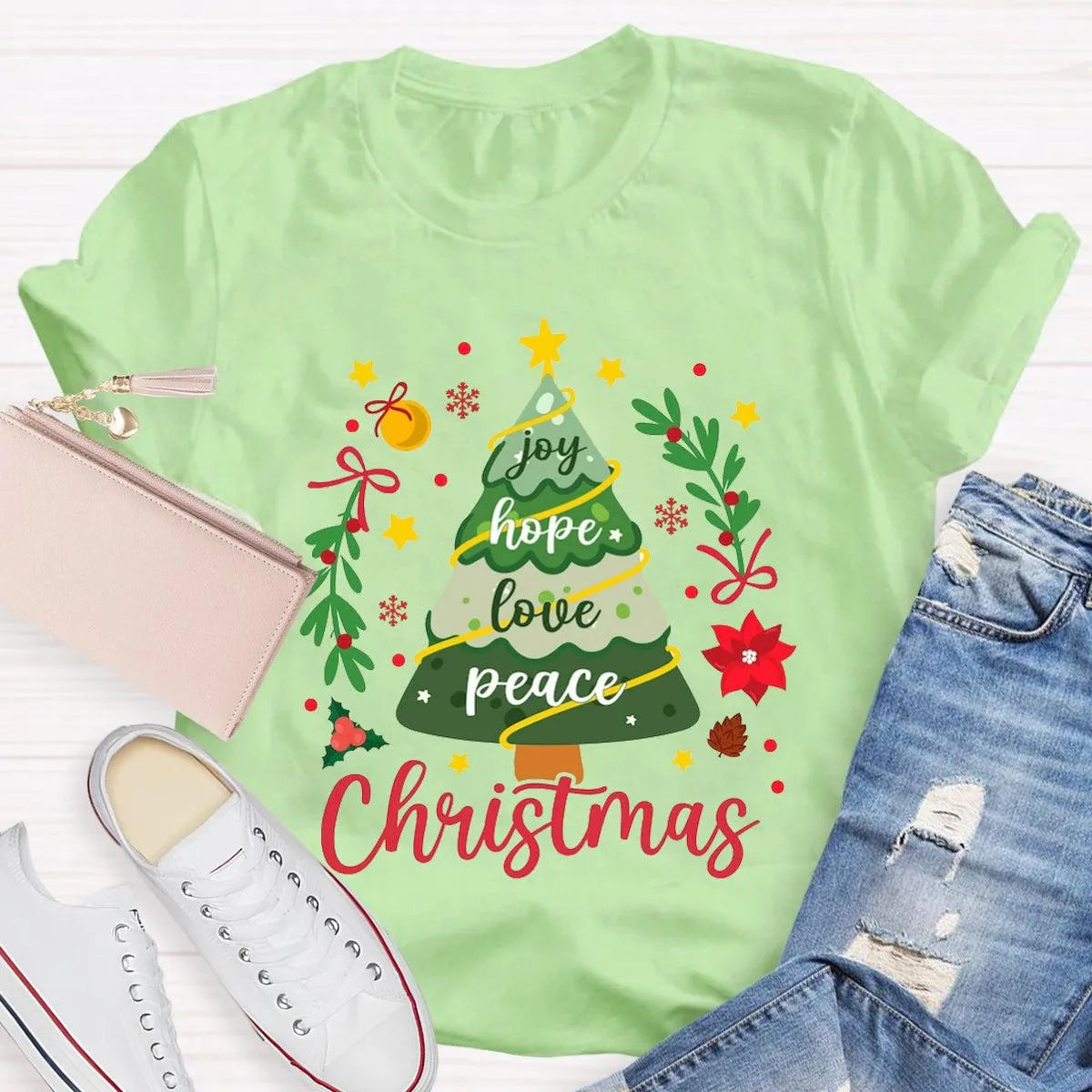 Joy Hope Love Peace Holiday Graphic Tee, Christmas Tree T-Shirt, Retro Xmas Tree Shirt, Festive Holiday Apparel Present