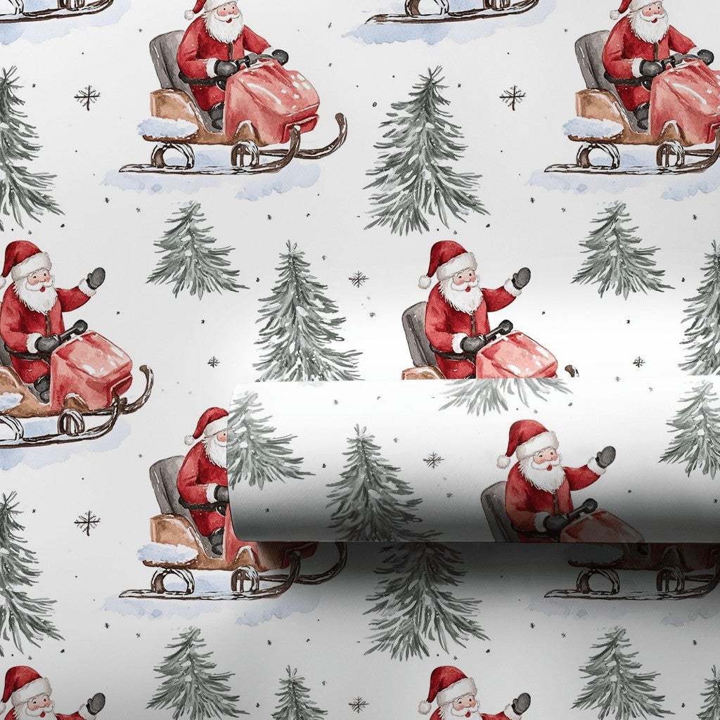 Watercolor Winter Sports Gift Wrap, Santa on Snowmobile Wrapping Paper, Red Vintage Santa Wrapping Paper, Christmas Present P