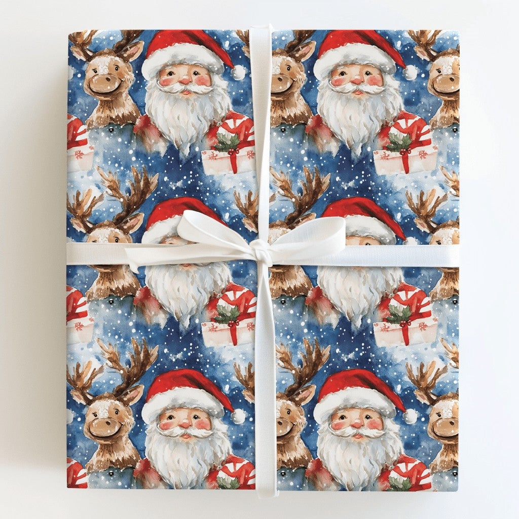 Festive Christmas Gift Wrap, Watercolor Santa and Reindeer Wrapping Paper, Holiday Present Paper, Xmas Gift Wrap Supplies