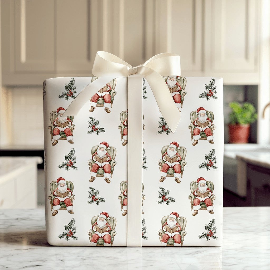 Comfy Bookish Christmas Gift Wrap, Reading Santa Claus Wrapping Paper, Watercolor Santa Present Wrap, Nostalgic Holiday Packa